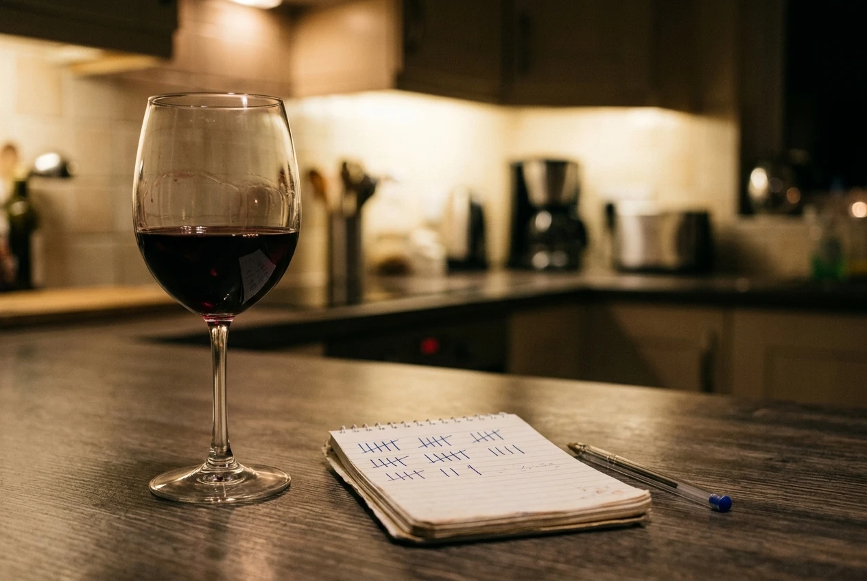 A half-empty glass of red wine sitting beside a small notebook where someone has handwritten tally marks counting drinks across the week, warm kitchen counter light in the background.