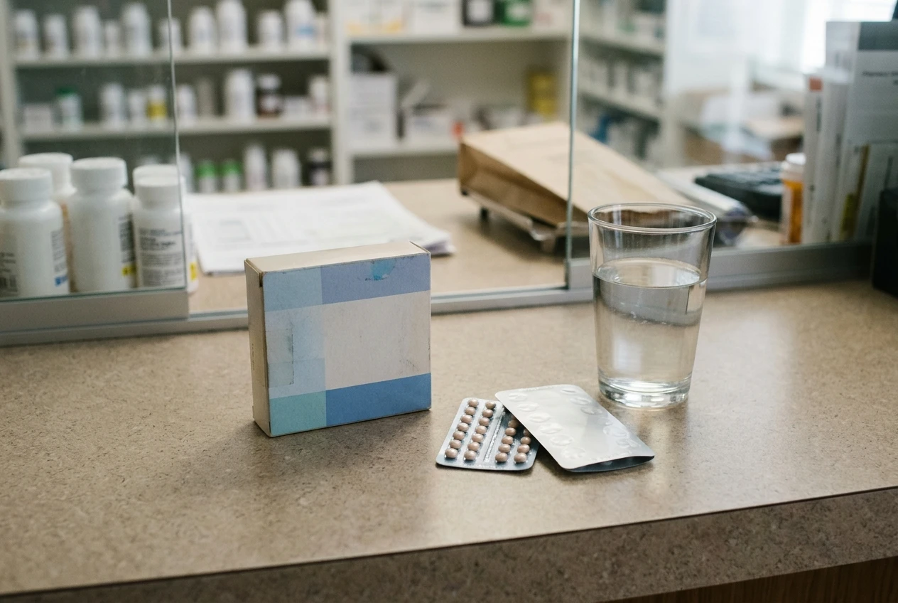 A small pharmacy counter scene with a hormone patch box and a birth control pill pack placed side by side next to a glass of water, soft clinical lighting.