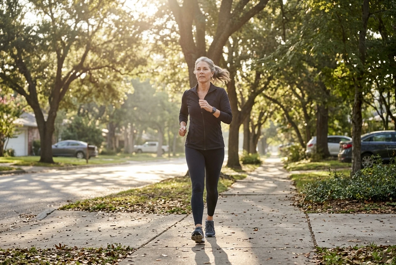 A woman in her 50s in workout clothes walking briskly down a tree-lined sidewalk in early morning light, arms swinging, clearly mid-stride rather than posed.