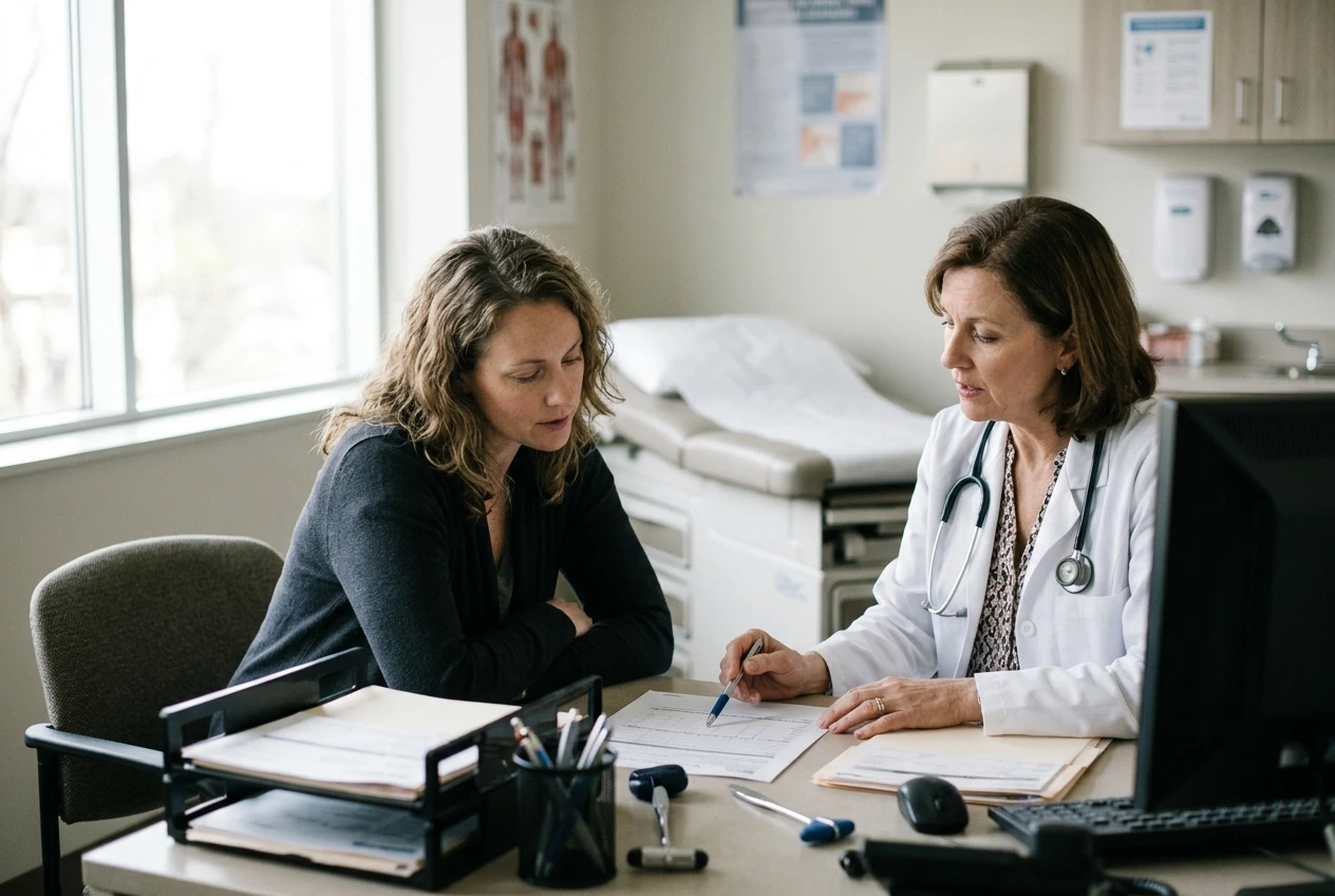 A woman seated across a desk from her doctor in an exam room, both looking at a sheet of paper between them, the doctor pointing to a line on it, natural light through a window.