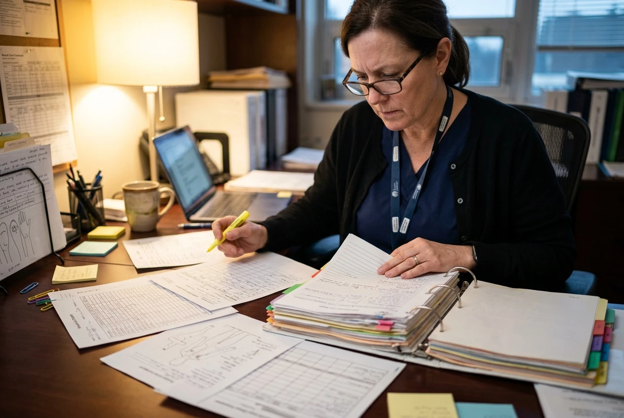 A nurse consultant sits at a desk reviewing a thick medical chart, highlighter in hand, with wound care flowsheets and nursing notes spread open under soft desk lamp light, concentr