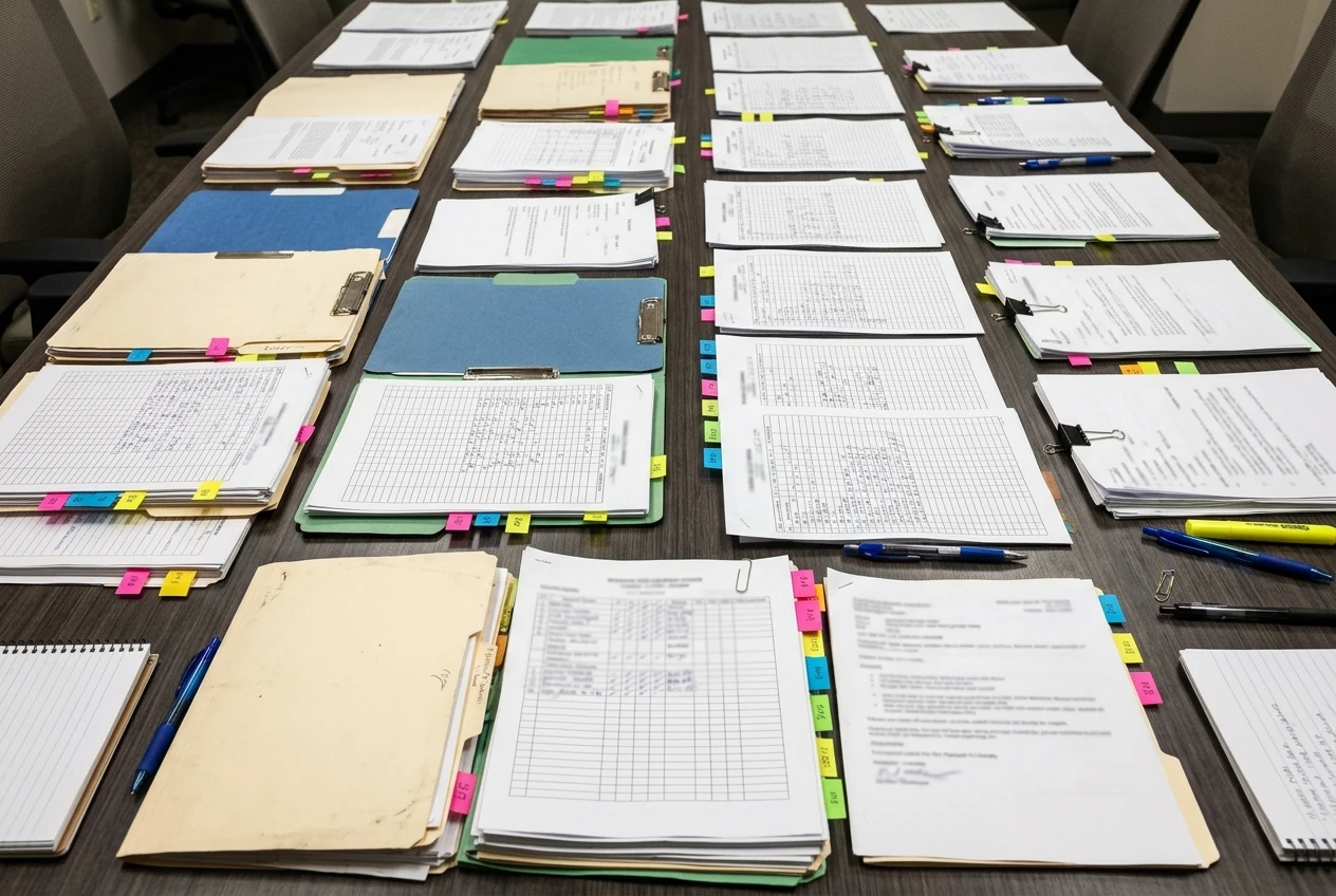 Multiple nursing shift folders, wound flowsheets, and physician consult notes spread chronologically across a conference table with colored sticky tabs marking dates, overhead fluorescent light illuminating the stacks of paper.
