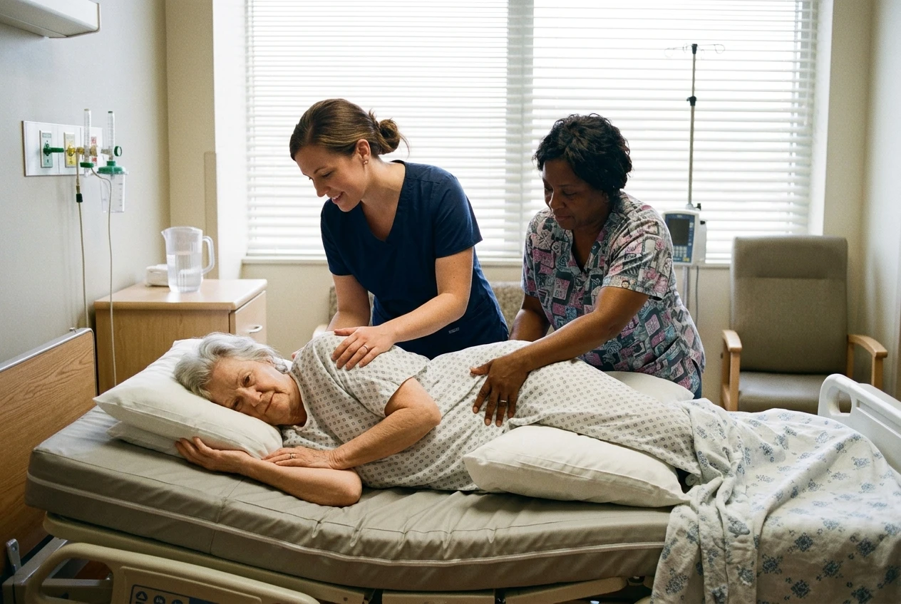 A nurse and aide gently repositioning an elderly patient onto a pressure-redistributing mattress in a hospital room, soft daylight filtering through window blinds, pillows positioned under the patient's hip.