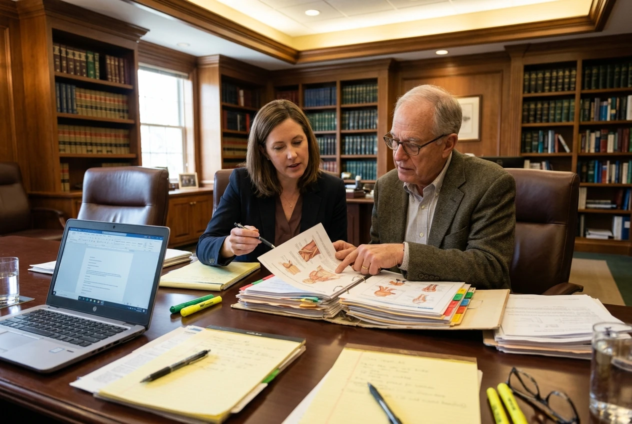 An attorney and a wound care expert witness seated at a wood-paneled conference table, a thick medical file open between them, papers and a laptop nearby as they prepare for deposition under warm office light.