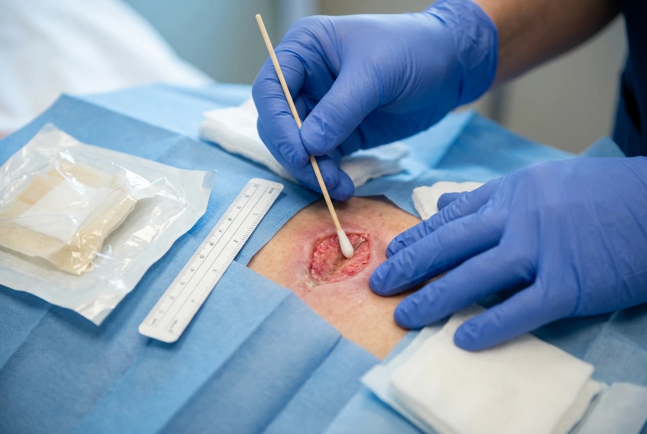 A close-up clinical scene of gloved hands using a sterile cotton-tipped probe to gently assess the depth of an open wound bed, with a measuring guide and clear wound dressing packaging nearby under bright exam room lighting.