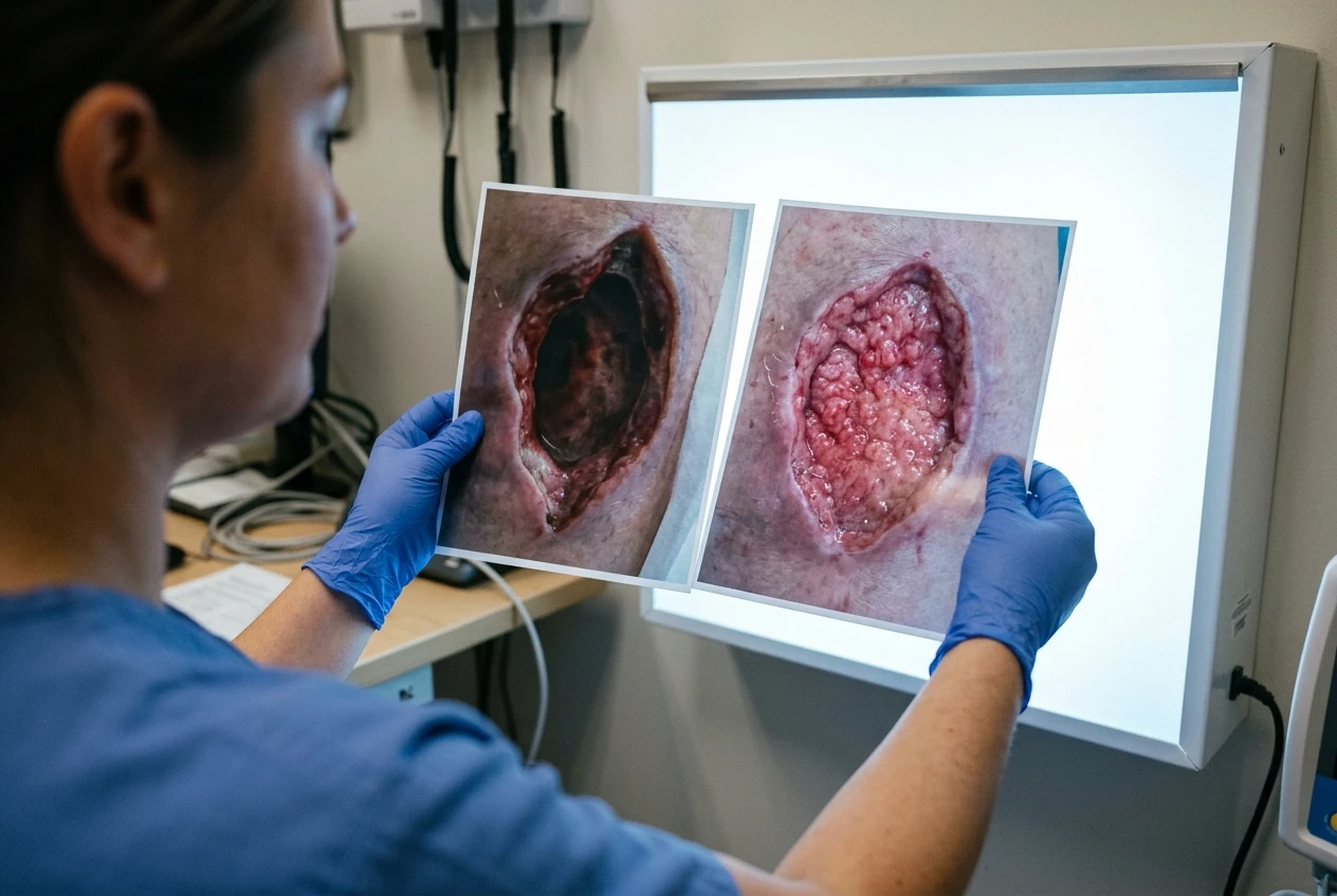 A nurse holding two sequential wound photographs side by side on a lightbox, comparing an older deep wound image against a newer one where pink granulation tissue has filled in the base, clinical lighting emphasizing the texture difference.