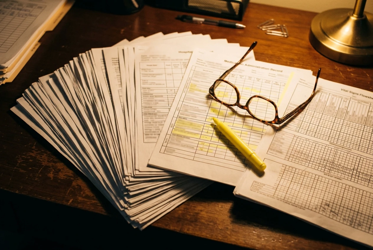 A desk in warm lamplight with a thick stack of printed hospital chart pages fanned out, a medication administration record with several highlighted late-dose entries, a vital signs flo