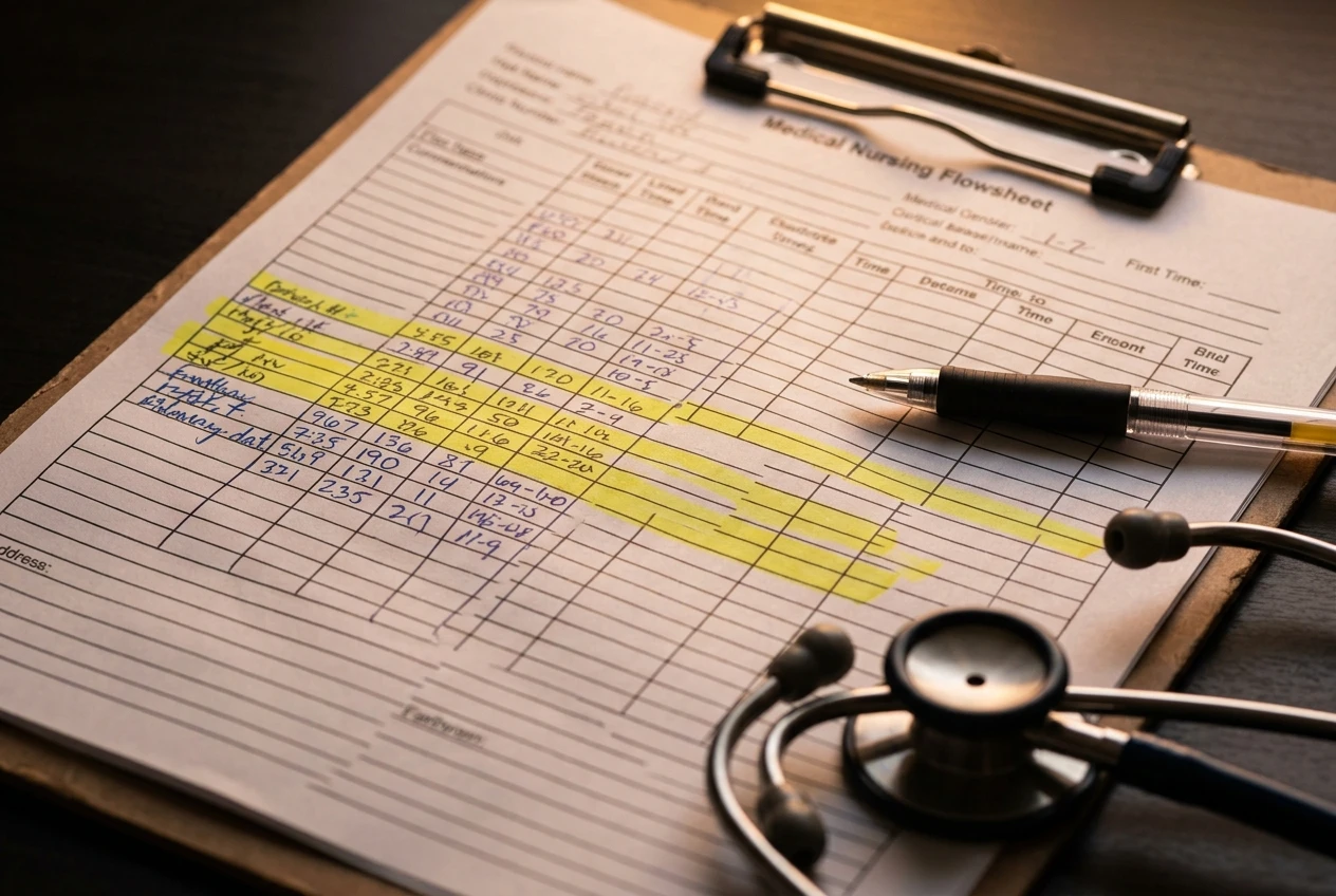 A close view of a printed nursing flowsheet on a clipboard under warm desk light, with several rows of identical handwritten-style entries highlighted in yellow marker and a pen resting